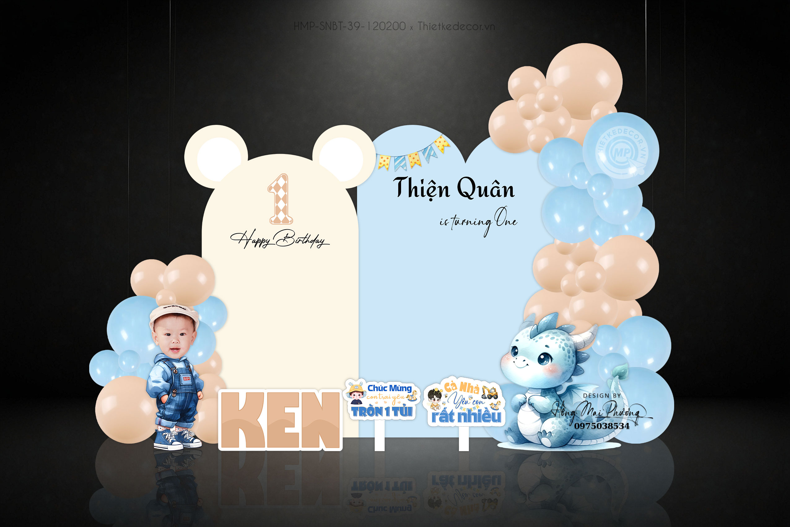 Sinh nhật bé trai tuổi rồng tone xanh mix beige